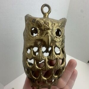 Vintage‎ Brass Owl Candle Holder Hanging Lantern Patina 1970s MCM Boho